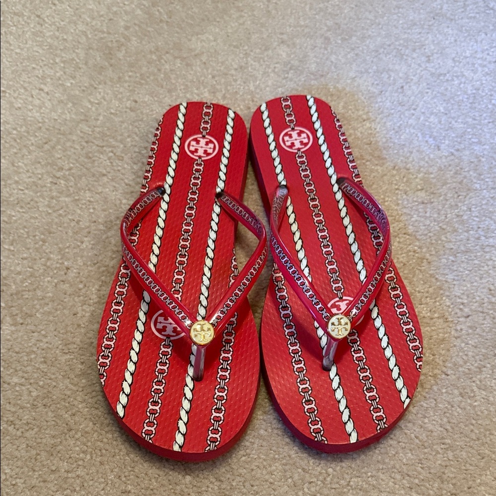 Tory Burch Red and White Chain Flip Flops